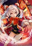  1girl chinese_clothes cleavage_cutout double_bun long_hair looking_at_viewer nail_polish official_art open_mouth original red_eyes red_nails sid_story solo twintails unagipang white_hair yin_jiao_(sid_story) 