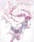  1girl bangs boots cherry_blossoms closed_eyes detached_sleeves dress floating_hair hatsune_miku holding holding_microphone long_hair lyodi microphone open_mouth petals pink_hair sakura_miku smile solo thigh-highs thigh_boots twintails very_long_hair vocaloid white_dress 