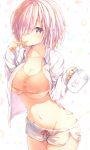  1girl blush breasts brushing_teeth cleavage cowboy_shot cup fate/grand_order fate_(series) hair_over_one_eye mug navel purple_hair shielder_(fate/grand_order) short_hair short_shorts shorts solo sune_(mugendai) toothbrush under_boob violet_eyes 