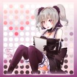  1girl :p bare_shoulders black_legwear blush breasts cleavage drill_hair elbow_gloves gloves gothic_lolita idolmaster idolmaster_cinderella_girls kanzaki_ranko lolita_fashion long_hair looking_at_viewer medium_breasts red_eyes silver_hair sketchbook smile solo thigh-highs tongue tongue_out twin_drills twintails unier 