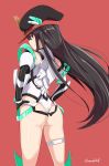  1girl angela_balzac angela_balzac_(cosplay) ass black_hair cosplay demon_archer fate/grand_order fate_(series) hands_on_hips hat kichihachi koha-ace kugimiya_rie leotard long_hair looking_at_viewer looking_back rakuen_tsuihou red_eyes seiyuu_connection smile 