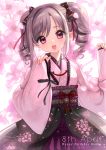  1girl cherry_blossoms drill_hair happy_birthday highres idolmaster idolmaster_cinderella_girls japanese_clothes kanzaki_ranko kimono long_hair looking_at_viewer open_mouth red_eyes silver_hair smile solo towaxa_(lunaticjoker) twin_drills twintails wide_sleeves 