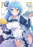  1girl :q alternate_costume apron aqua_(konosuba) blue_eyes blue_hair blush cup dress enmaided fan frills garter_straps highres kono_subarashii_sekai_ni_shukufuku_wo! licking_lips long_hair looking_at_viewer maid maid_headdress paper_fan smile solo tam-u teacup teapot thigh-highs tongue tongue_out tray white_legwear 