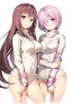  2girls anmi bangs blush breasts brown_hair commentary_request dress fate/grand_order fate_(series) hair_over_one_eye highres large_breasts long_hair looking_at_viewer multiple_girls naked_sweater purple_hair red_eyes ribbed_sweater ribbon scathach_(fate/grand_order) shielder_(fate/grand_order) short_hair simple_background sleeves_past_wrists standing sweater sweater_dress thighs turtleneck turtleneck_sweater violet_eyes white_background white_sweater 