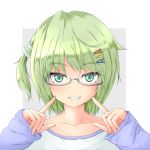  1girl aqua_eyes collarbone eyebrows_visible_through_hair glasses green_hair grey-framed_eyewear grin hair_ornament hairclip highres one_side_up original outside_border pointing pointing_at_self semi-rimless_glasses shirt short_hair sleeves_past_wrists smile solo under-rim_glasses upper_body yamamoto_rintaro 