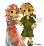  1boy 1girl artist_request blonde_hair blue_eyes hat link looking_at_another pointy_ears princess_zelda short_hair smile the_legend_of_zelda the_legend_of_zelda:_ocarina_of_time white_background young_link young_zelda younger 