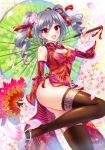  1girl black_legwear breasts cherry_blossoms china_dress chinese_clothes cleavage cleavage_cutout dress drill_hair fan fishnet_legwear fishnets folding_fan idolmaster idolmaster_cinderella_girls kanzaki_ranko long_hair looking_at_viewer open_mouth oriental_umbrella pelvic_curtain side_slit silver_hair solo thigh-highs twin_drills twintails umbrella urabi_(tomatohouse) 