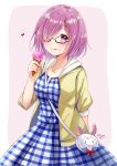  1girl bag between_breasts blush character_print checkered checkered_dress commentary_request dress eating fate/grand_order fate_(series) food food_on_face fou_(fate/grand_order) glasses hair_over_one_eye handbag heart holding ice_cream looking_at_viewer purple_hair sakura_hiyori shielder_(fate/grand_order) short_hair solo tongue tongue_out two-tone_background violet_eyes 