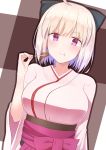  1girl :t ahoge black_bow blonde_hair blush bow breasts closed_mouth dutch_angle fate_(series) food food_on_face hair_bow hakama hand_up highres holding holding_food japanese_clothes kanase_(mcbrwn18) kimono koha-ace large_breasts meat pink_kimono purple_skirt sakura_saber skewer skirt smile solo violet_eyes 