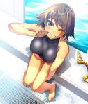 1girl bare_legs bare_shoulders barefoot black_swimsuit blue_eyes brown_hair headgear_removed hiei_(kantai_collection) highres kantai_collection knees_together_feet_apart one_eye_closed pool short_hair sitting smile solo swimsuit tan tanline teeth tsukinami_kousuke water wet 