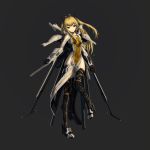  1girl absurdres black_legwear blonde_hair confessor(eve_online) eve_online gloves highres long_hair looking_at_viewer mcrc_science mecha_musume no_panties solo thigh-highs yellow_eyes 