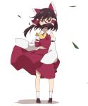  1girl ascot black_hair bow commentary_request covered_mouth detached_sleeves frilled_bow frills full_body hair_bow hair_over_mouth hair_tubes hakurei_reimu leaf leon_(mikiri_hassha) looking_at_viewer midriff_peek navel orange_eyes red_bow red_shirt red_skirt shirt sidelocks skirt solo touhou white_background wide_sleeves wind yellow_ascot 