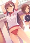  2girls blush breasts brown_eyes brown_hair gym gym_uniform hair_ornament hairclip long_hair looking_at_viewer medium_breasts multiple_girls navel open_mouth original outstretched_arm short_hair smile standing yokaze_japan 