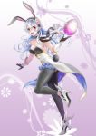  1girl alternate_costume animal_ears bare_shoulders breasts bunny_girl bunny_tail cleavage coattails easter_egg female_my_unit_(fire_emblem_if) fire_emblem fire_emblem_heroes fire_emblem_if flower full_body gloves high_heels kaboplus_ko long_hair my_unit_(fire_emblem_if) open_mouth pantyhose rabbit_ears red_eyes solo tail twitter_username 