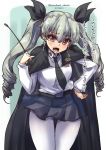 1girl anchovy blush breasts cape drill_hair girls_und_panzer hair_between_eyes looking_at_viewer medium_breasts miniskirt necktie shinshin skirt solo translated twintails white_legwear 