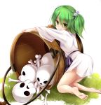 1girl bare_legs barefoot bone bucket chikuwa_savi full_body green_eyes green_hair hair_between_eyes hair_bobbles hair_ornament highres japanese_clothes kisume kneeling long_sleeves looking_at_viewer on_ground skull smile solo tongue tongue_out touhou two_side_up wide_sleeves 