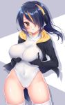  1girl black_hair blush breasts brown_eyes covered_navel cowboy_shot emperor_penguin_(kemono_friends) hair_over_one_eye hand_on_own_chest headphones highleg highleg_leotard hood hoodie jacket kemono_friends large_breasts leotard long_hair looking_at_viewer mitsuba_choco multicolored_hair navel open_clothes solo thigh-highs white_legwear white_leotard 