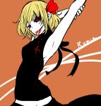  armpits arms_up black_skirt black_sweater blonde_hair blood blood_on_face bloody_clothes bow breasts character_name cowboy_shot darkness hair_bow hair_ribbon halterneck looking_at_viewer meme_attire naughty_face noumen orange_background red_bow red_eyes red_ribbon ribbon ringed_eyes rumia short_hair sideboob skirt sleeveless smile sweater tongue tongue_out touhou turtleneck turtleneck_sweater virgin_killer_sweater white_skin 