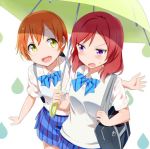  2girls :d bag bangs blue_bow blue_bowtie blue_bra blue_skirt blush bow bowtie bra breasts carrying carrying_bag collared_shirt commentary_request d:&lt; eyebrows_visible_through_hair gochou_(atemonai_heya) green_umbrella holding holding_umbrella hoshizora_rin long_hair looking_at_another love_live! love_live!_school_idol_project medium_breasts multiple_girls nishikino_maki open_mouth orange_hair plaid plaid_skirt redhead school_bag school_uniform see-through shared_umbrella shirt short_hair short_sleeves skirt smile striped striped_bow striped_bowtie sweatdrop sweater_vest umbrella underwear upper_body violet_eyes water_drop wet wet_clothes wet_shirt white_background white_shirt wing_collar yellow_eyes 