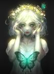  1girl absurdres artist_name butterfly dress glowing green_eyes head_wreath highres looking_at_viewer original pale_skin parted_lips shale short_hair silver_hair solo upper_body white_dress 