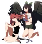  2girls animal_ears bare_arms bare_legs barefoot bird_wings black_hair black_panties black_shirt black_shoes black_wings bow cat_ears cat_tail closed_eyes collarbone feathered_wings full_body green_bow green_shorts hair_between_eyes hair_bow hair_brush hair_brushing kaenbyou_rin kneeling long_hair midriff multiple_girls multiple_tails namataro navel open_mouth panties red_eyes redhead reiuji_utsuho shirt shoes short_shorts short_sleeves shorts simple_background smile tail tank_top touhou two_tails underwear very_long_hair white_background white_shirt wings 