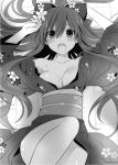  1girl blush breasts cleavage date_a_live eyebrows_visible_through_hair flower from_above hair_between_eyes hair_flower hair_ornament japanese_clothes kimono long_hair looking_at_viewer lying medium_breasts monochrome novel_illustration obi official_art on_back open_mouth sash solo sweatdrop tsunako very_long_hair yatogami_tooka yukata 