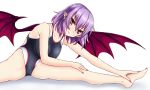  1girl barefoot bat_wings breasts competition_swimsuit gradient_hair hands_on_feet head_tilt highres large_breasts looking_at_viewer multicolored_hair older one-piece_swimsuit pointy_ears purple_hair red_eyes remilia_scarlet simple_background smile solo split spread_legs stretch swimsuit tagme touhou white_background wings zeramu 