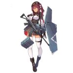 1girl belt_buckle beret boots breasts buckle dark_skin full_body girls_frontline gloves gun hand_on_own_chest hat holding impossible_clothes large_breasts long_hair looking_at_viewer nightmaremk2 official_art personification purple_hair rifle saiga-12 saiga-12_(girls_frontline) skirt solo thigh-highs transparent_background twintails weapon white_legwear yellow_eyes 