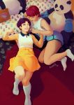  2girls arm_support arms_up artist_name bare_arms bare_legs bare_shoulders bed blue_eyes blue_hair boxers boxing_gloves braid camisole clenched_hand collarbone couple genderswap genderswap_(mtf) grabbing hand_on_another&#039;s_arm knees_up lips long_hair looking_at_another lying multiple_girls on_back on_bed on_side one_eye_closed panda pillow ranma-chan ranma_1/2 redhead saotome_ranma shirt short_hair single_braid skirt sleeveless smile socks stuffed_animal stuffed_toy swmt swmtk_(artist) teeth tendou_akane underwear 