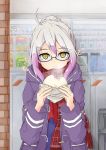  1girl :i baozi blush braid brick_wall closed_mouth coat day eating eyebrows_visible_through_hair fate/grand_order fate_(series) food glasses gradient_hair grey_hair hair_between_eyes heroine_x heroine_x_(alter) highres holding holding_food hooded_coat looking_at_viewer multicolored_hair open_clothes open_coat outdoors plaid plaid_scarf purple_coat purple_hair red_scarf saber scarf semi-rimless_glasses solo steam two-tone_hair under-rim_glasses wavy_mouth yamamoto_rintaro yellow_eyes 