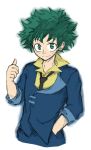  1boy boku_no_hero_academia cosplay cowboy_bebop drawfag freckles green_eyes green_hair hand_in_pocket looking_at_viewer midoriya_izuku necktie parody smile solo spike_spiegel spike_spiegel_(cosplay) thumbs_up white_background 