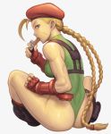  1girl ahoge antenna_hair ass beret blonde_hair blue_eyes braid cammy_white candy_bar eating fingerless_gloves from_behind full_body gloves hat highleg highleg_leotard holster huge_ahoge leotard long_hair noppo_(tarstation) scar sitting solo street_fighter thigh_holster thong_leotard toned twin_braids 