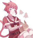  1girl animal_ears cat_ears cat_tail closed_mouth ear_piercing facial_mark facial_tattoo final_fantasy final_fantasy_xiv looking_at_viewer md5_mismatch miqo&#039;te piercing rabbit red_clothes red_eyes redhead saibe santa_costume short_hair slit_pupils tail tattoo white_background 