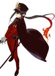  1boy black_cape black_hair cape fate/grand_order fate_(series) full_body hat long_hair looking_at_viewer male_focus military military_uniform oda_nobuyuki_(fate/grand_order) pako ponytail red_eyes shako_cap sidelocks simple_background smile solo sword uniform weapon white_background 