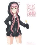  1girl 2017 absurdres ahoge blush candy chupa_chups cowboy_shot dated food glasses hand_on_hip highres hood hooded_jacket jacket kantai_collection kirishina_(raindrop-050928) lollipop long_hair long_sleeves looking_up makigumo_(kantai_collection) pink_hair simple_background sleeves_past_wrists snack solo twintails twitter_username white_background yellow_eyes zipper 