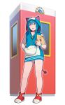  1girl animal_ears bell blue_hair choker doraemon doraemon_(character) go_robots hand_in_pocket highres holding hood hoodie no_pants open_mouth simple_background sleeveless sleeveless_hoodie solo tail wristband yellow_eyes 