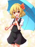  1girl :d ascot black_skirt black_vest blonde_hair blue_umbrella blush collared_shirt commentary_request cowboy_shot eyebrows_visible_through_hair fangs hair_between_eyes highres holding holding_umbrella medium_skirt open_mouth red_eyes rumia shirt short_hair short_sleeves skirt smile solo standing tareme teoi_(good_chaos) touhou umbrella vest white_shirt wing_collar yellow_background 