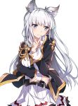  1girl alternate_costume animal_ears bangs belt blush breasts cat_ears closed_mouth commentary_request eyebrows_visible_through_hair finger_to_mouth granblue_fantasy grey_eyes korwa long_hair long_sleeves looking_away medium_breasts silver_hair simple_background solo tsuedzu uniform white_background 