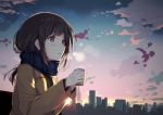  1girl bangs blue_scarf blush breath brown_eyes brown_hair city clouds cloudy_sky coat cup enpera eyebrows_visible_through_hair highres holding holding_cup looking_to_the_side morning original outdoors parted_lips plaid plaid_scarf scarf sky solo sunrise sutorora upper_body 