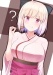  1girl :t ? ahoge black_bow blonde_hair blush bow breasts closed_mouth dutch_angle fate_(series) food food_on_face hair_bow hakama hand_up highres holding holding_food japanese_clothes kanase_(mcbrwn18) kimono koha-ace large_breasts meat pink_kimono purple_skirt sakura_saber skewer skirt smile solo violet_eyes 