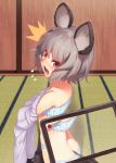  /\/\/\ 1girl angry animal_ears ass back blush bra cinderella_bust flying_sweatdrops full-face_blush grey_hair kaiza_(rider000) looking_at_viewer lowres mouse_ears mouse_tail nazrin open_mouth panties recording red_eyes shirt short_hair simple_background solo surprised tail touhou underwear underwear_only white_background 