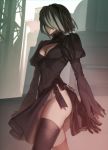  1girl aconitea artist_name black_legwear breasts cleavage cleavage_cutout gloves highres leotard lips mole mole_under_mouth nier_(series) nier_automata short_hair silver_hair skindentation solo thigh-highs thighs white_leotard yorha_no._2_type_b 