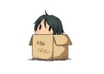  1girl 2017 absurdres bangs black_hair box cardboard_box dated hatsuzuki_527 highres in_box in_container kantai_collection mogami_(kantai_collection) short_hair simple_background solid_oval_eyes solo swept_bangs translated twitter_username white_background 