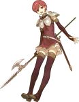  1girl armor bangs belt boots breastplate dress elbow_gloves est fire_emblem fire_emblem:_mystery_of_the_emblem fire_emblem_echoes:_mou_hitori_no_eiyuuou fire_emblem_gaiden full_body gloves headband holding holding_weapon looking_at_viewer open_mouth pauldrons polearm red_eyes redhead short_dress short_hair shoulder_armor smile thigh-highs thigh_boots weapon zettai_ryouiki 
