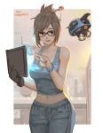  1girl backlighting black-framed_eyewear black_gloves bracelet breasts brown_eyes brown_hair building casual character_name cleavage clouds cloudy_sky copyright_name cowboy_shot drawstring drone flag floating glasses gloves hair_bun hair_ornament hair_stick highres holding jewelry large_breasts lips looking_at_viewer mei_(overwatch) mizu_(dl7613) open_mouth outdoors overwatch pants pointing robot short_hair single_glove sky smile snowball_(overwatch) snowing solo tablet_pc tank_top 