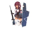  1girl belt_buckle boots breasts buckle dark_skin full_body girls_frontline gloves gun hand_on_own_chest hat holding impossible_clothes kneeling large_breasts long_hair looking_at_viewer nightmaremk2 no_hat no_headwear official_art personification purple_hair rifle saiga-12 saiga-12_(girls_frontline) skirt solo thigh-highs torn_clothes torn_thighhighs transparent_background twintails weapon white_legwear yellow_eyes 