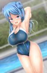  1girl alphe arms_behind_head arms_up blue_eyes breasts cleavage competition_swimsuit covered_navel double_bun highres hips kantai_collection large_breasts looking_at_viewer one-piece_swimsuit pool smile solo swimsuit thighs urakaze_(kantai_collection) water wet 