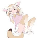  animal_ears blonde_hair blush cnm fennec_(kemono_friends) fox_ears fox_tail full_body kemono_friends looking_at_viewer lying on_back pleated_skirt short_hair simple_background skirt tail thigh-highs white_background 