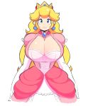  1girl blonde_hair blue_eyes bra breasts cleavage crown dress earrings elbow_gloves gloves highres huge_breasts jewelry lace lace_bra long_hair looking_at_viewer super_mario_bros. necklace princess_peach simple_background sketch solo super_mario_bros. theycallhimcake underwear white_background white_bra 