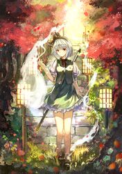  1girl alternate_eye_color arm_at_side bangs black_bow black_bowtie black_hairband bow bowtie breasts dress dress_shirt floating flower frilled_skirt frills full_body ghost grass green_skirt green_vest hair_bow hairband hand_up hitodama katana konpaku_youmu konpaku_youmu_(ghost) lantern outdoors petals plant puffy_short_sleeves puffy_sleeves red_eyes scabbard sheath sheathed shirt short_hair short_sleeves silver_hair skirt smile socks solo stairs standing stone_stairs sword touhou tree vest vima weapon weapon_on_back white_legwear white_shirt 